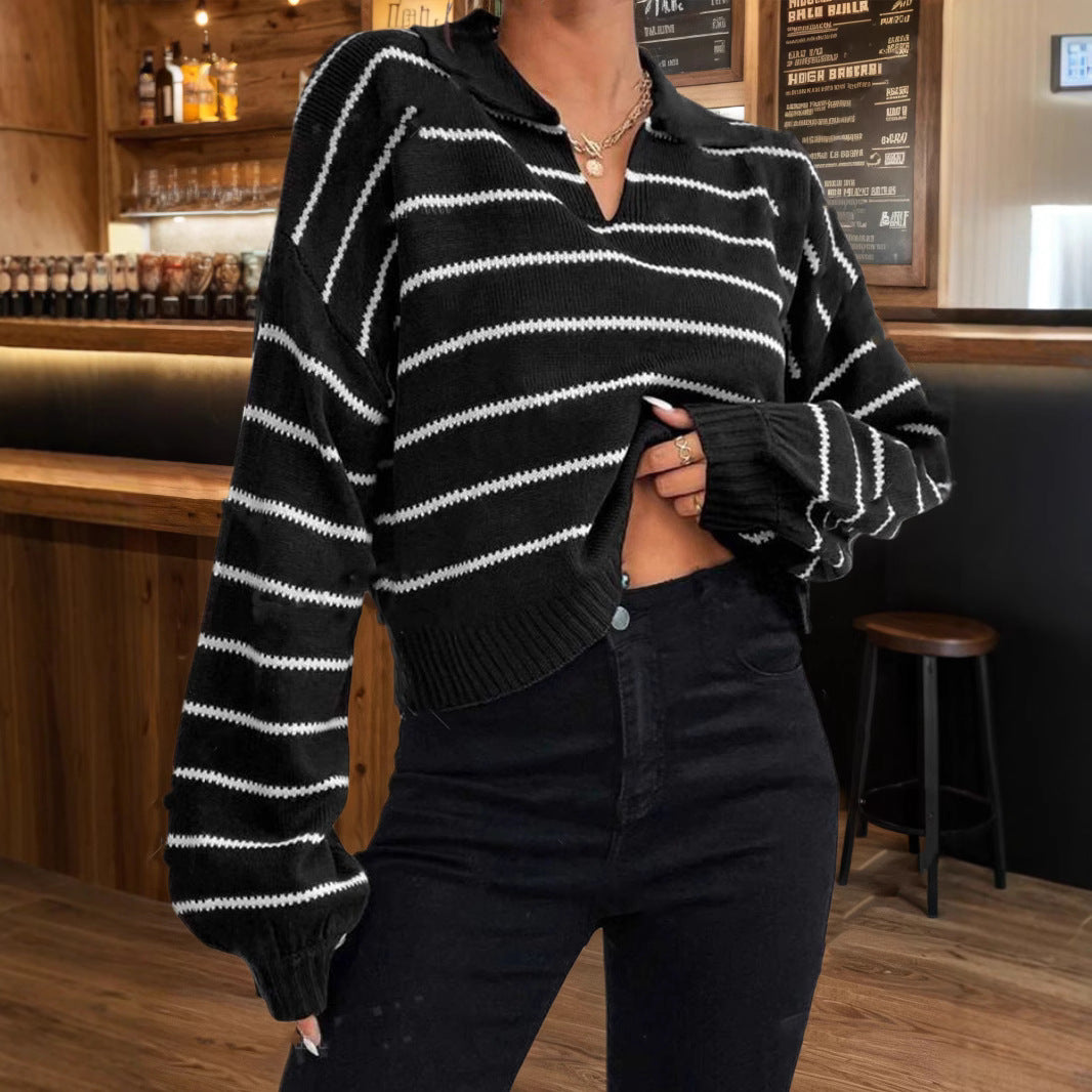 Damer modern cropped tröja med ränder och djup V-urringning Eva Jonsson-Eva Jonsson