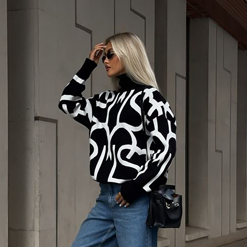 Damer modern oversize stickad tröja med kreativt grafiskt mönster Mirla-Eva Jonsson