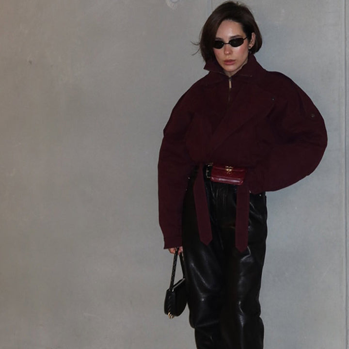 Damer modern oversized jacka med ståkrage och midjebälte Mirla-Eva Jonsson