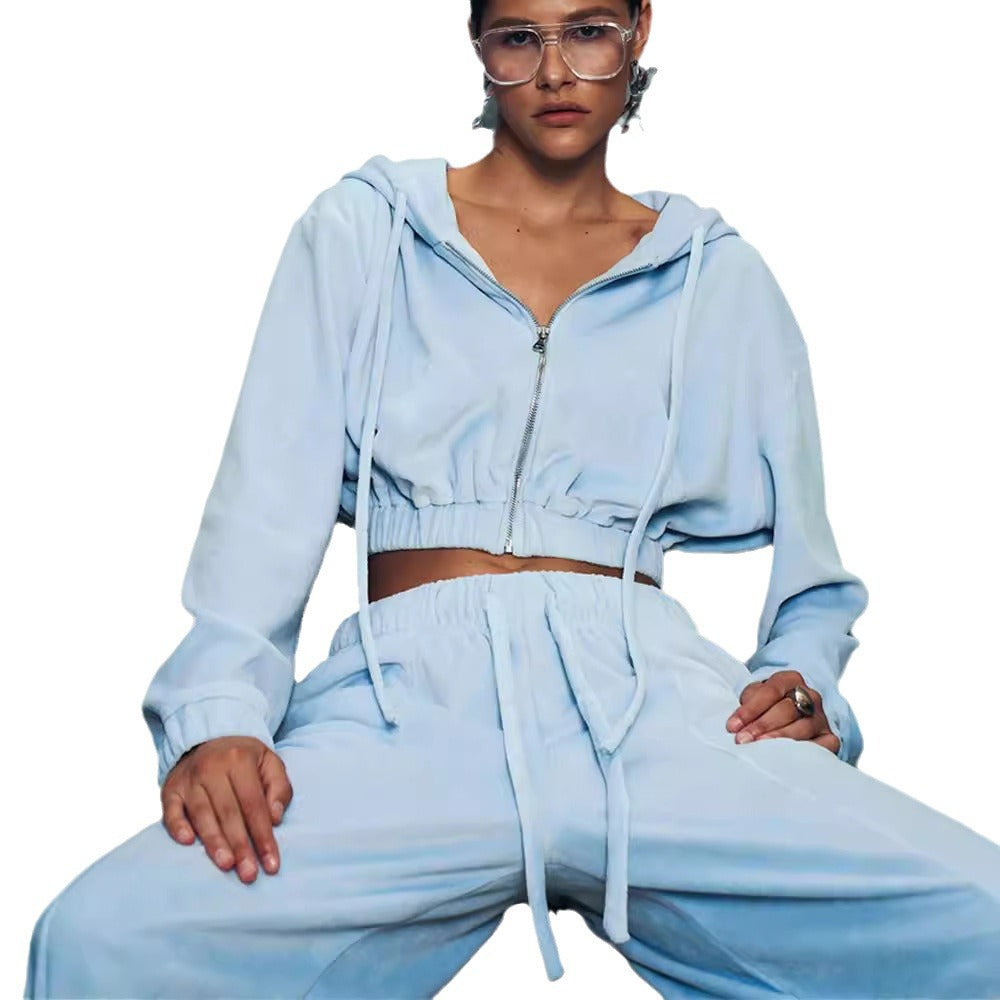 Damer modernt Cropped-fleece-set med huva och dragsko Mirla-Eva Jonsson