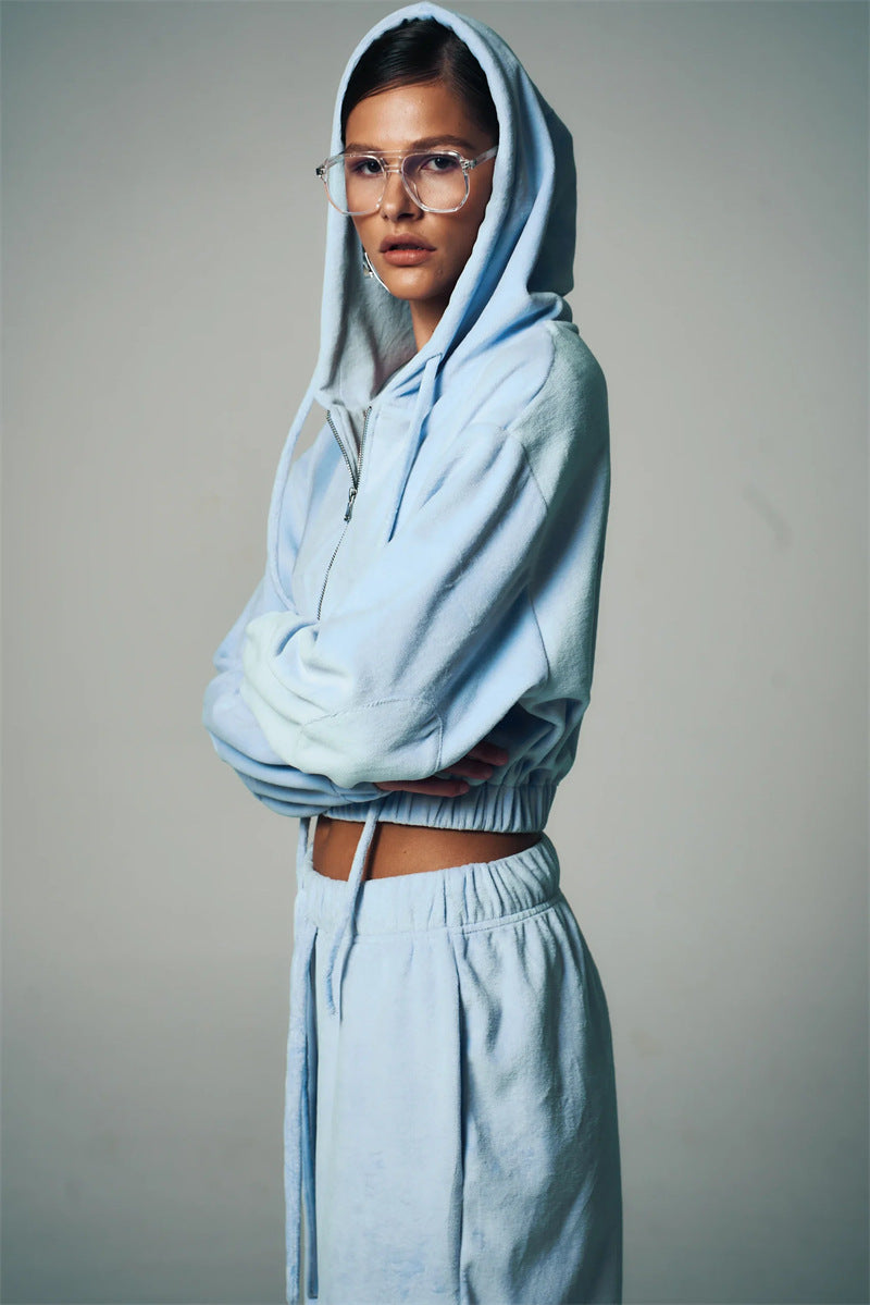 Damer modernt Cropped-fleece-set med huva och dragsko Mirla-Eva Jonsson