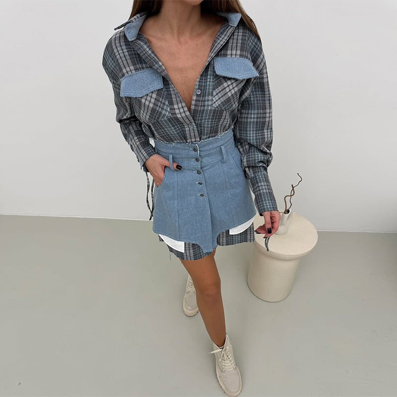 Damer modernt skjortklänning med denim-element Eva Jonsson-Eva Jonsson