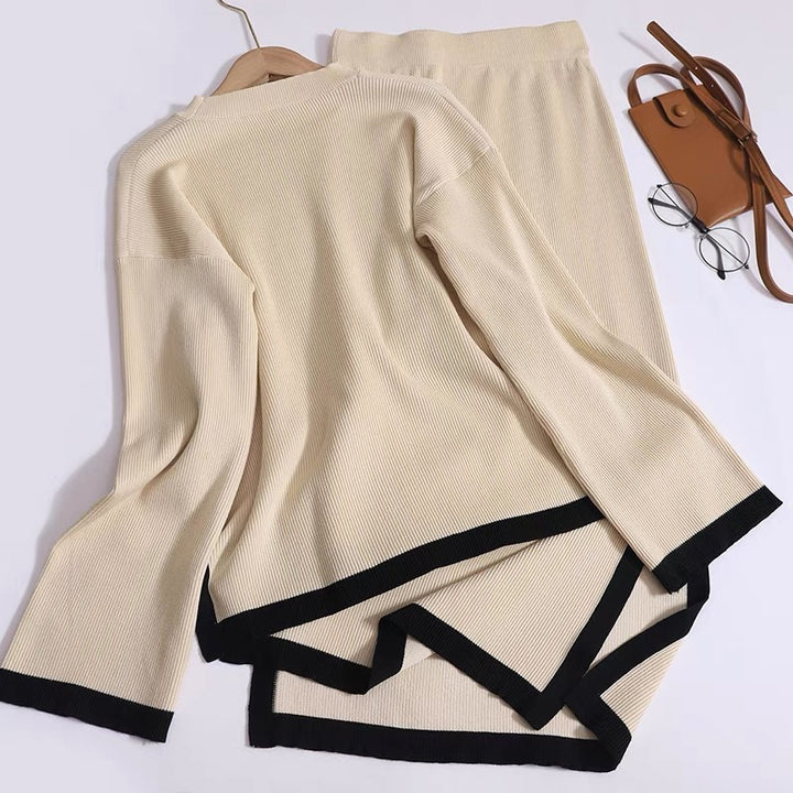 Damer modernt stickat loungewear-set med dekorativ kontrastkant Mirla-Eva Jonsson