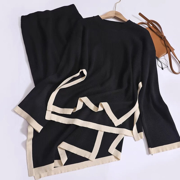 Damer modernt stickat loungewear-set med dekorativ kontrastkant Mirla-Eva Jonsson