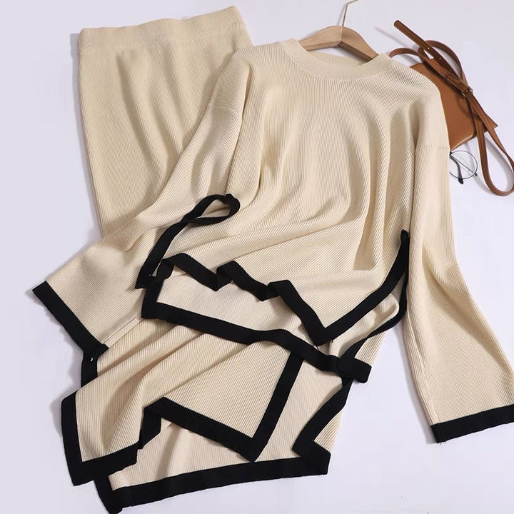 Damer modernt stickat loungewear-set med dekorativ kontrastkant Mirla-Eva Jonsson