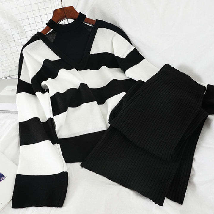 Damer modernt stickat loungewear-set med randmönster och hög krage Mirla-Eva Jonsson