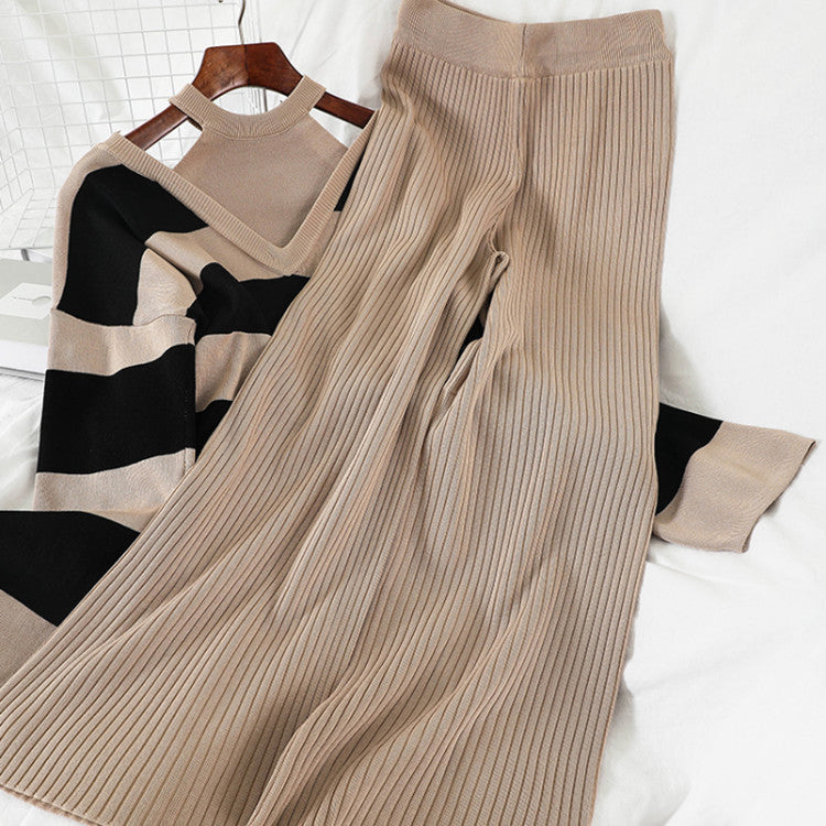 Damer modernt stickat loungewear-set med randmönster och hög krage Mirla-Eva Jonsson