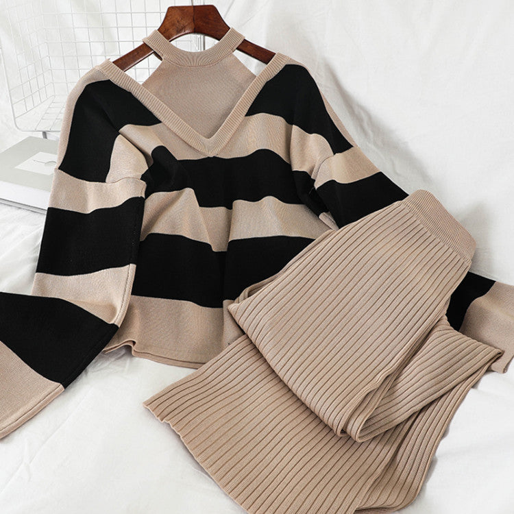 Damer modernt stickat loungewear-set med randmönster och hög krage Mirla-Eva Jonsson