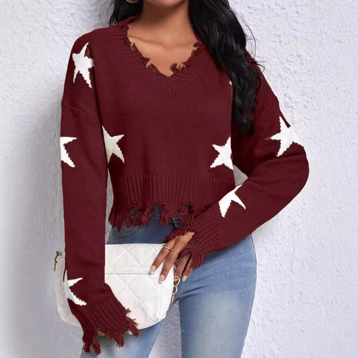 Damer modernt sweatshirt med stjärnmotiv och fransad fåll Eva Jonsson-Eva Jonsson