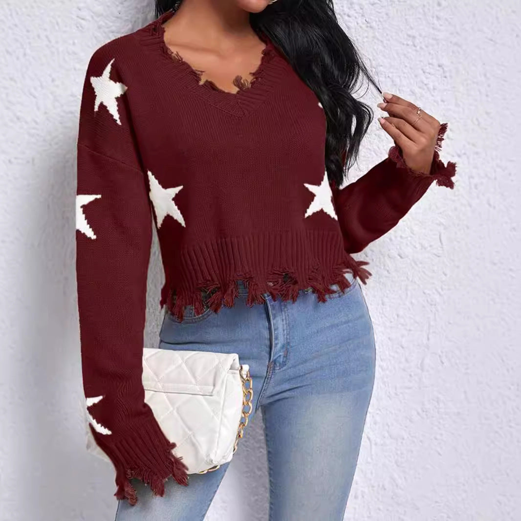 Damer modernt sweatshirt med stjärnmotiv och fransad fåll Eva Jonsson-Eva Jonsson