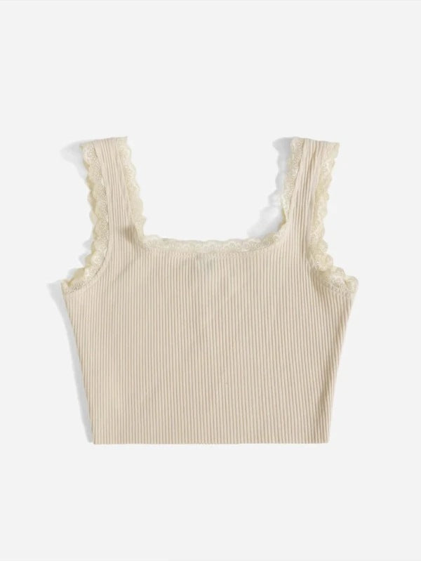 Damer modet grundläggande crop-top av fin ribbad struktur med spetskant Eva Jonsson-Eva Jonsson