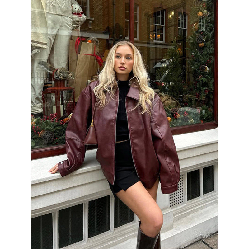 Damer modig läderjacka i oversized stil med dragkedja Mirla-Eva Jonsson