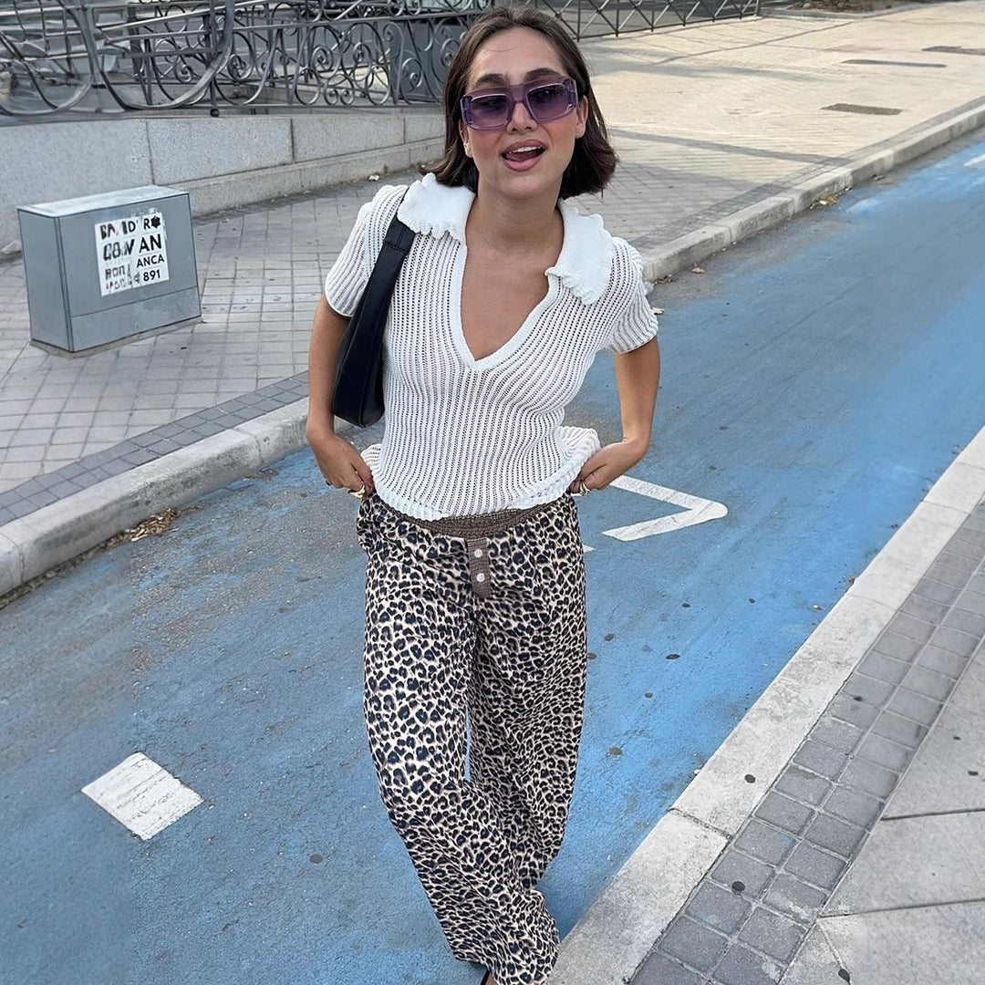 Damer modiga leopardbyxor med elastisk midja Mirla-Eva Jonsson