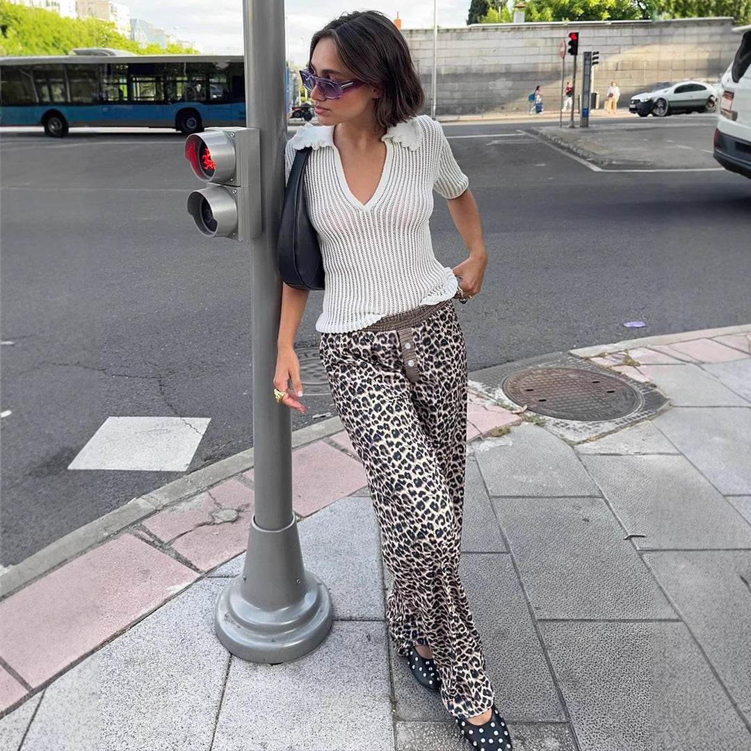Damer modiga leopardbyxor med elastisk midja Mirla-Eva Jonsson