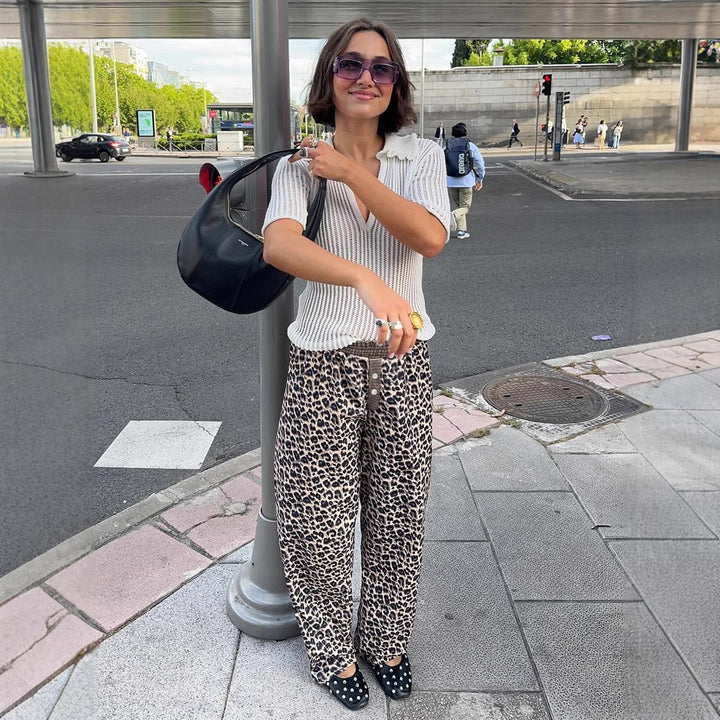 Damer modiga leopardbyxor med elastisk midja Mirla-Eva Jonsson