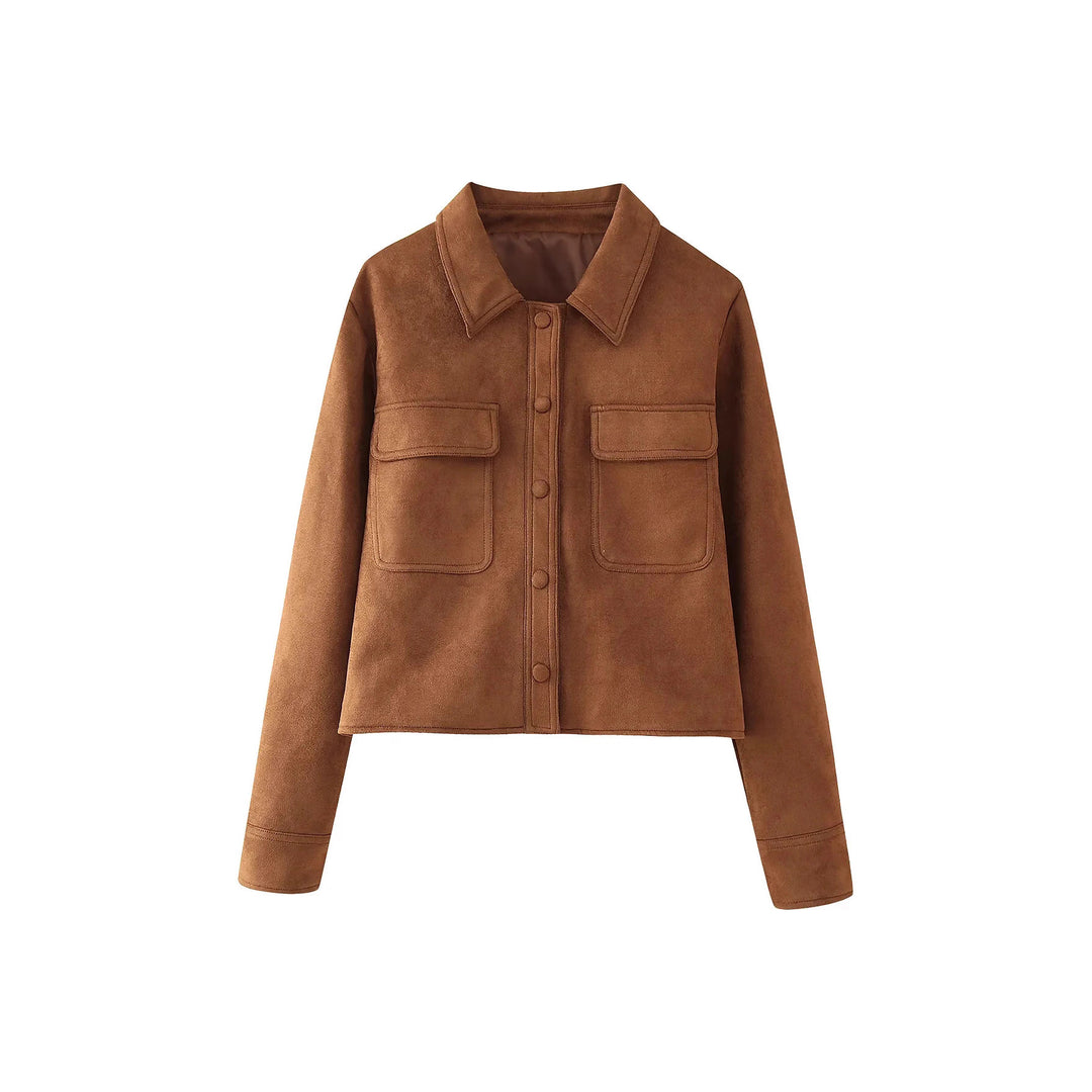 Damer modisch kort jacka i mocka med praktiska fickor och elegant krage Mirla-Eva Jonsson