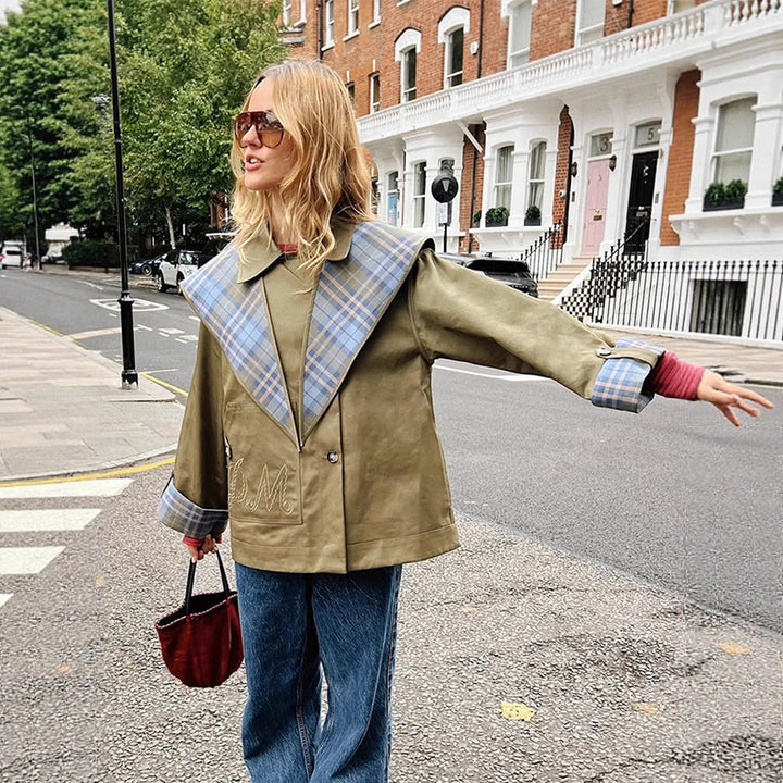 Damer modische Oversized Jacka med rutigt krage Mirla-Eva Jonsson