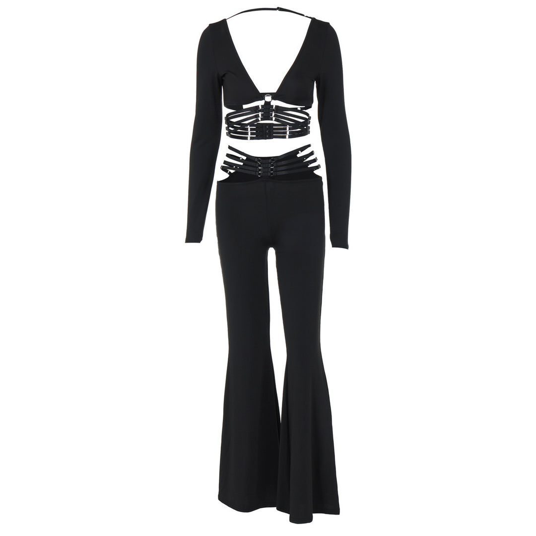Damer modische hel jumpsuit med djup V-ringning och flödande ben Mirla-Eva Jonsson