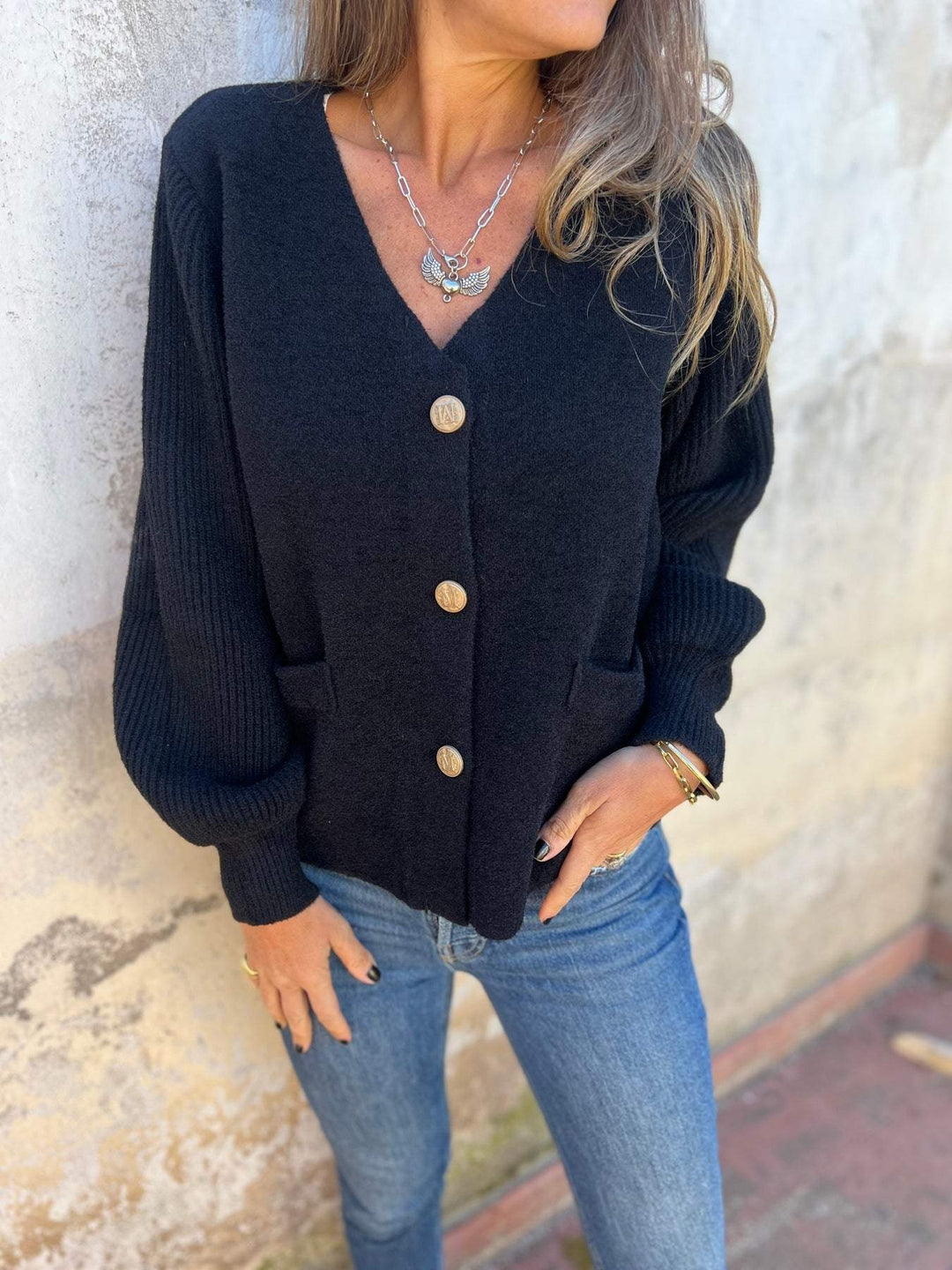 Damer modisk cardigan med knäppdetaljer och fickor Mirla-Eva Jonsson