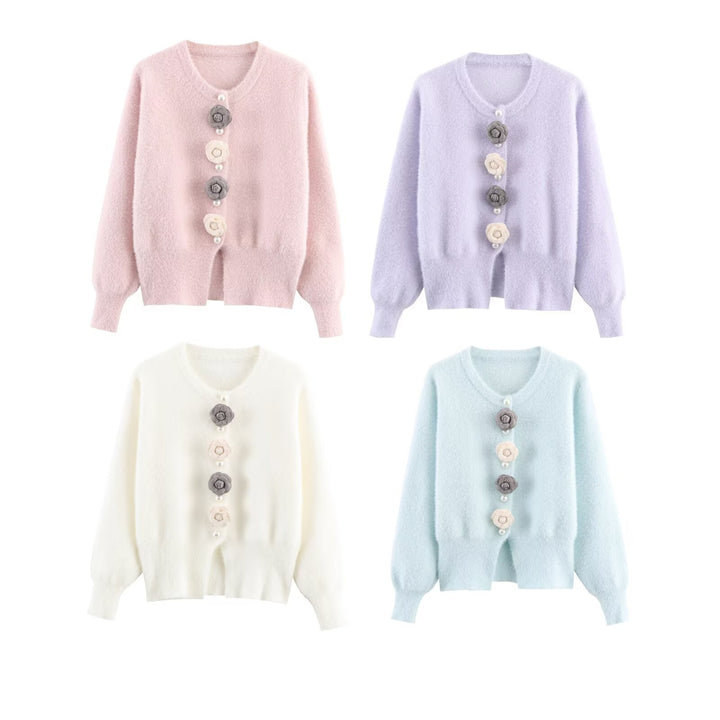Damer mysig cardigan med eleganta blomdetaljer Mirla-Eva Jonsson