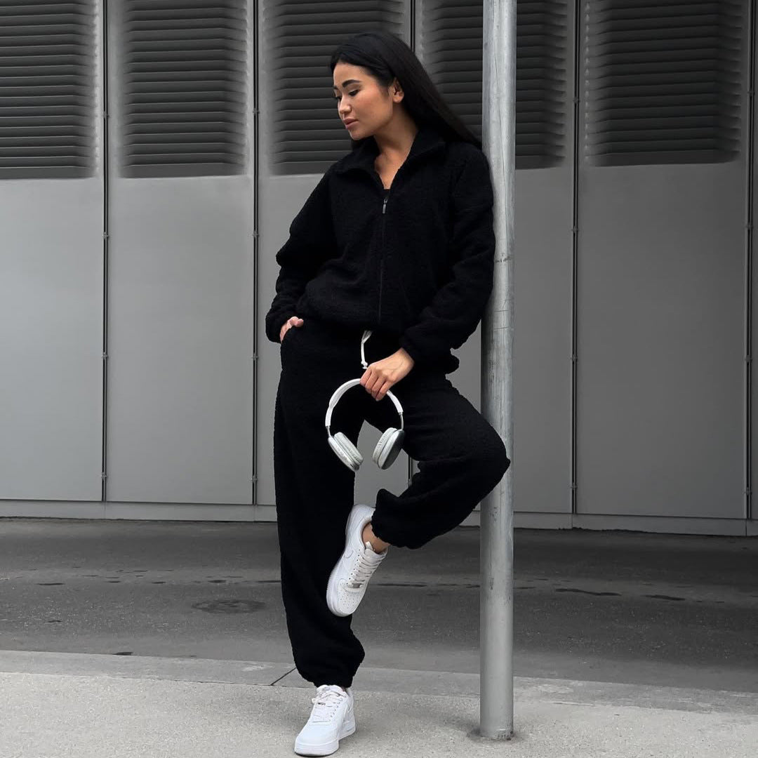 Damer mysig fleece joggingset med huva och elastisk midja Mirla-Eva Jonsson