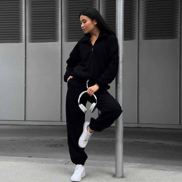 Damer mysig fleece joggingset med huva och elastisk midja Mirla-Eva Jonsson