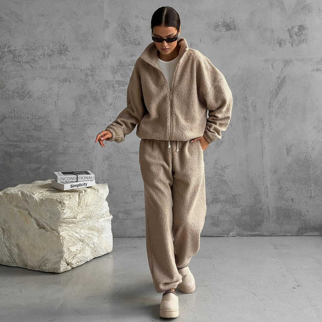 Damer mysig fleece joggingset med huva och elastisk midja Mirla-Eva Jonsson