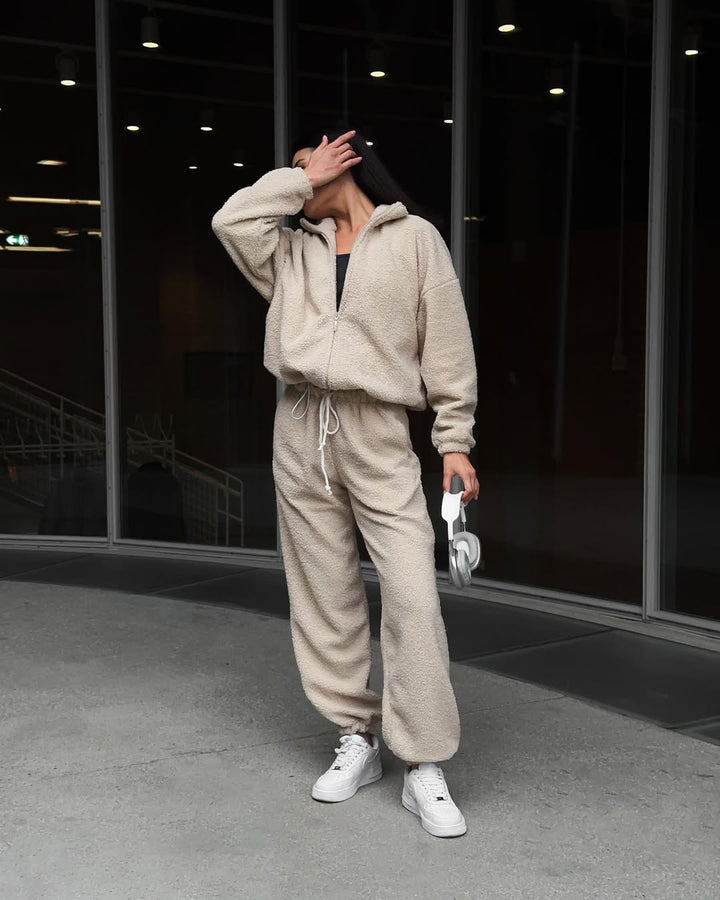 Damer mysig fleece joggingset med huva och elastisk midja Mirla-Eva Jonsson