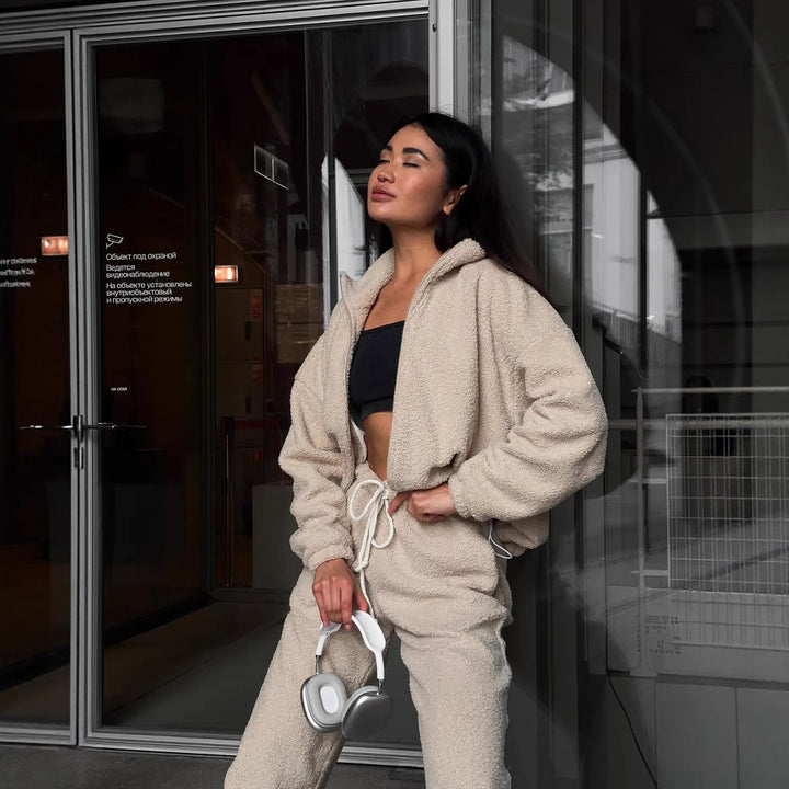 Damer mysig fleece joggingset med huva och elastisk midja Mirla-Eva Jonsson