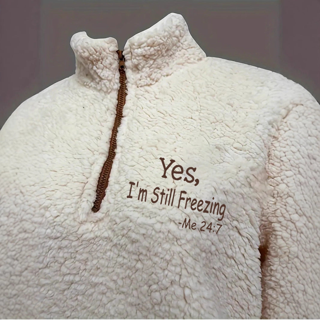 Damer mysig fleece-pullover med kort dragkedja och originell text Mirla-Eva Jonsson