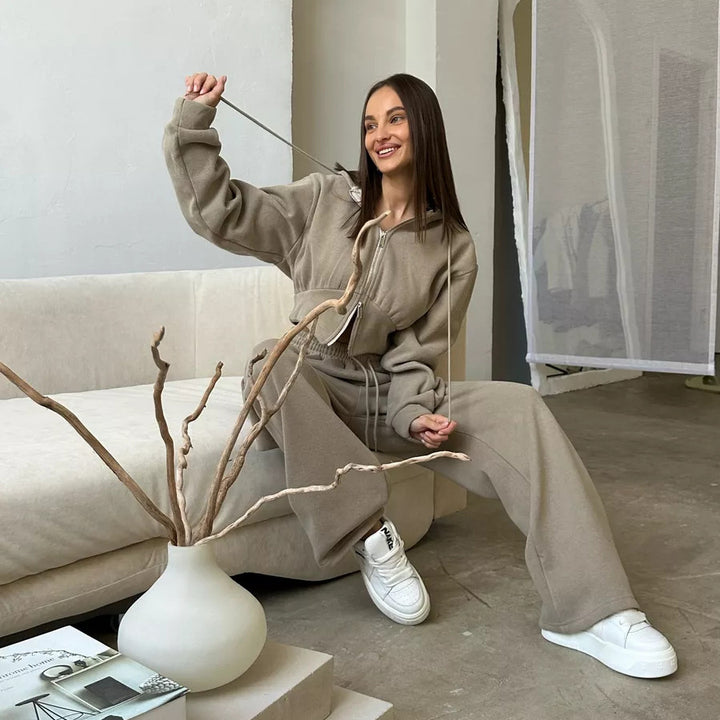 Damer mysig fleece set med huva och elastisk midja Mirla-Eva Jonsson