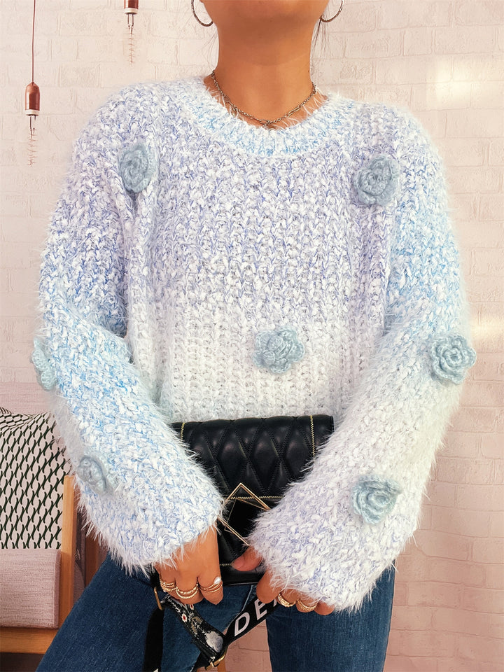 Damer mysig, fluffig tröja med lekfulla blomapplikationer Eva Jonsson-Eva Jonsson