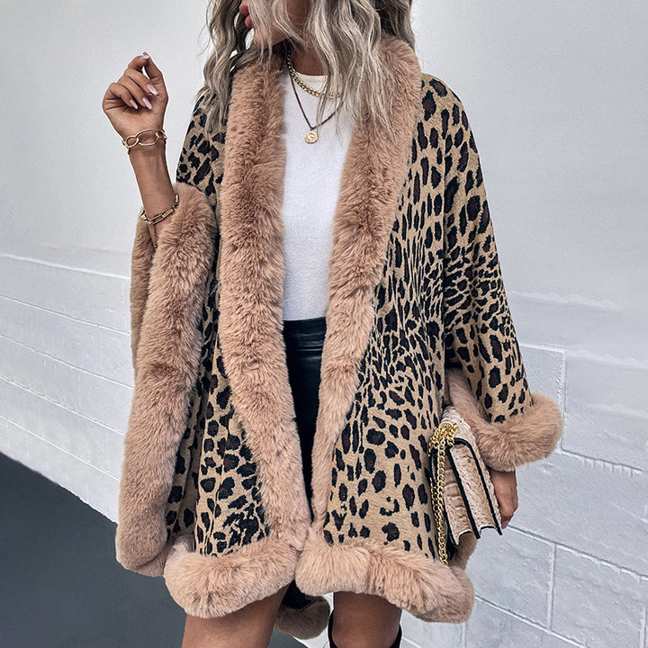 Damer mysig poncho med lyxigt konstpälsdetalj och leopardmönster Eva Jonsson-Eva Jonsson