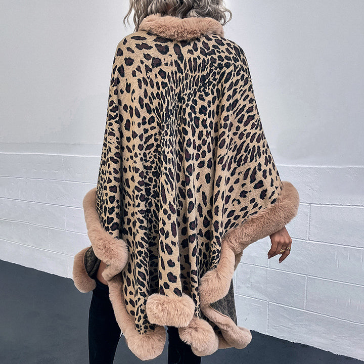 Damer mysig poncho med lyxigt konstpälsdetalj och leopardmönster Eva Jonsson-Eva Jonsson