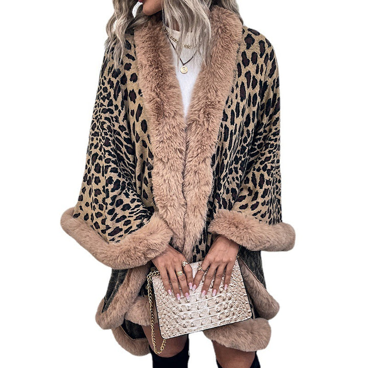 Damer mysig poncho med lyxigt konstpälsdetalj och leopardmönster Eva Jonsson-Eva Jonsson