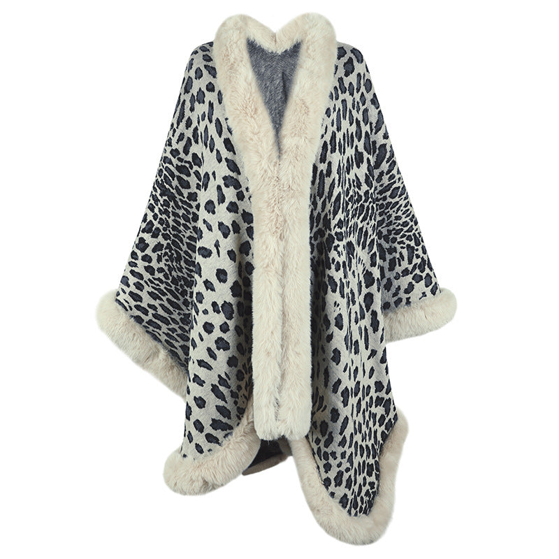 Damer mysig poncho med lyxigt konstpälsdetalj och leopardmönster Eva Jonsson-Eva Jonsson