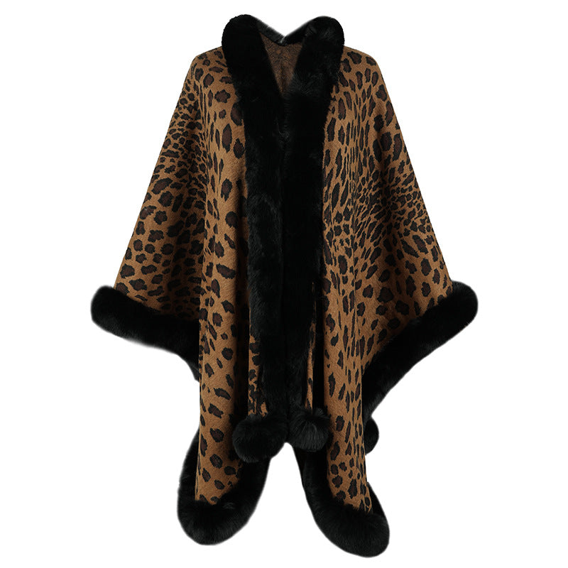 Damer mysig poncho med lyxigt konstpälsdetalj och leopardmönster Eva Jonsson-Eva Jonsson
