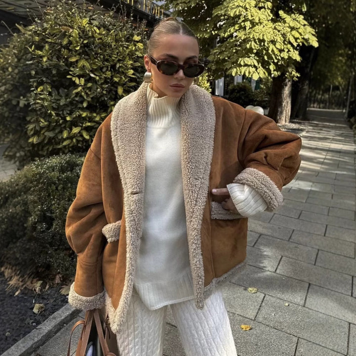 Damer mysig snittjacka med teddyfur detaljer Eva Jonsson-Eva Jonsson