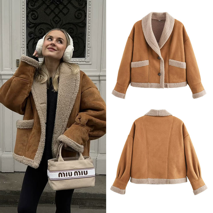 Damer mysig snittjacka med teddyfur detaljer Eva Jonsson-Eva Jonsson