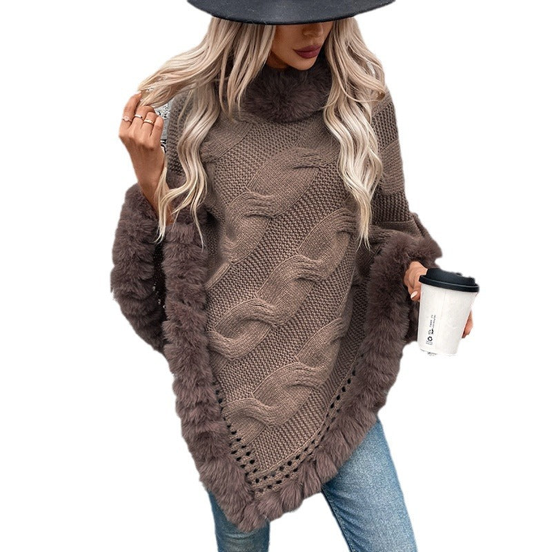 Damer mysig stickad poncho med mjukt konstpälskant och flätmönster Mirla-Eva Jonsson