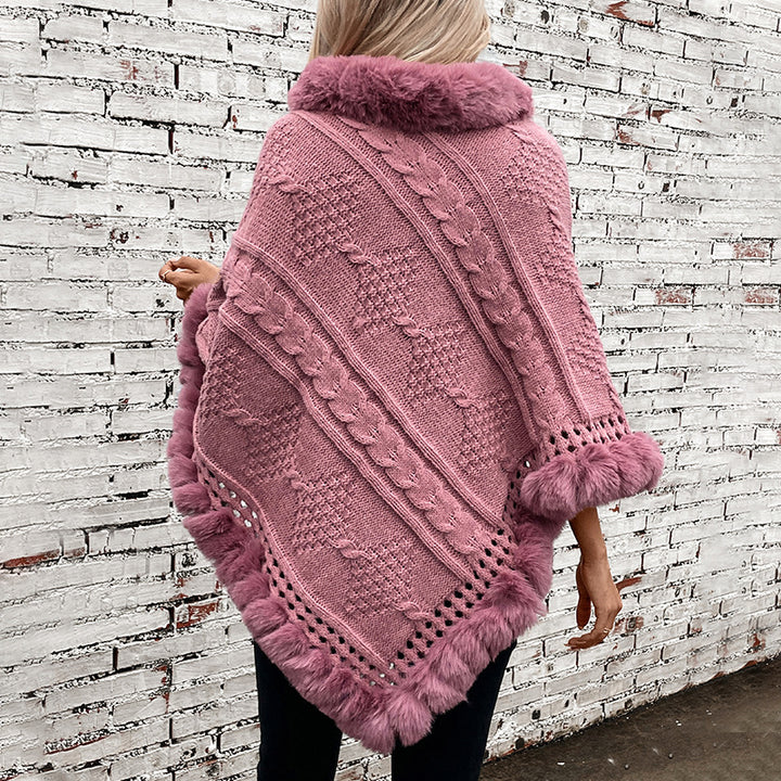 Damer mysig stickad poncho med sammetsliknande pälsdetaljer Mirla-Eva Jonsson