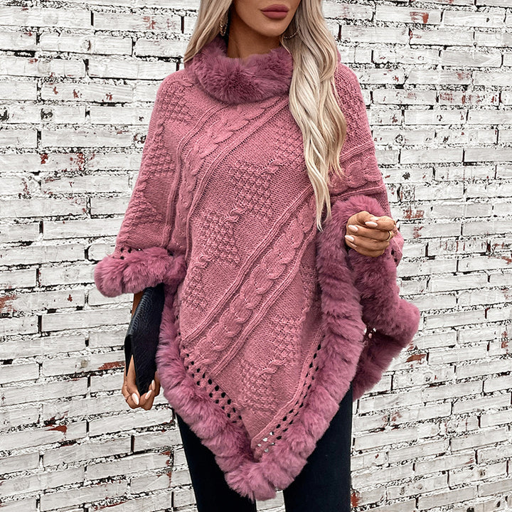 Damer mysig stickad poncho med sammetsliknande pälsdetaljer Mirla-Eva Jonsson