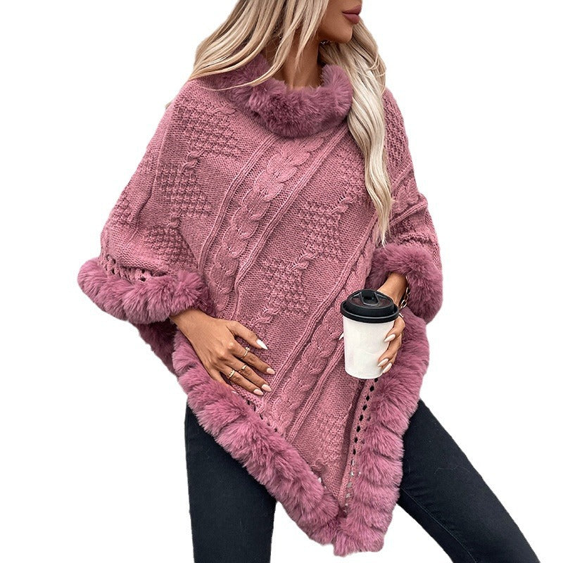 Damer mysig stickad poncho med sammetsliknande pälsdetaljer Mirla-Eva Jonsson