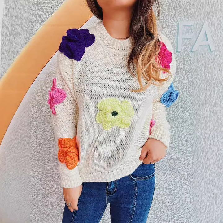 Damer mysig stickad tröja med blommigt 3D-motiv Mirla-Eva Jonsson