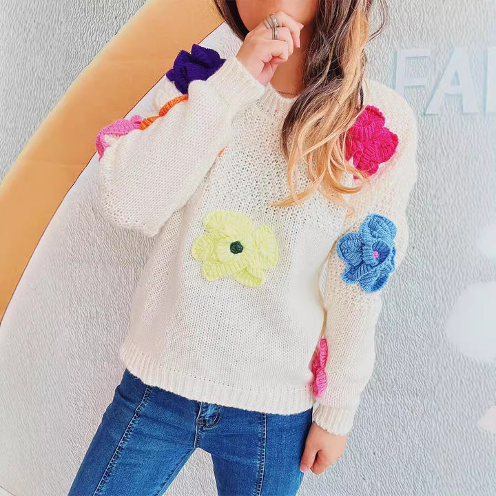 Damer mysig stickad tröja med blommigt 3D-motiv Mirla-Eva Jonsson