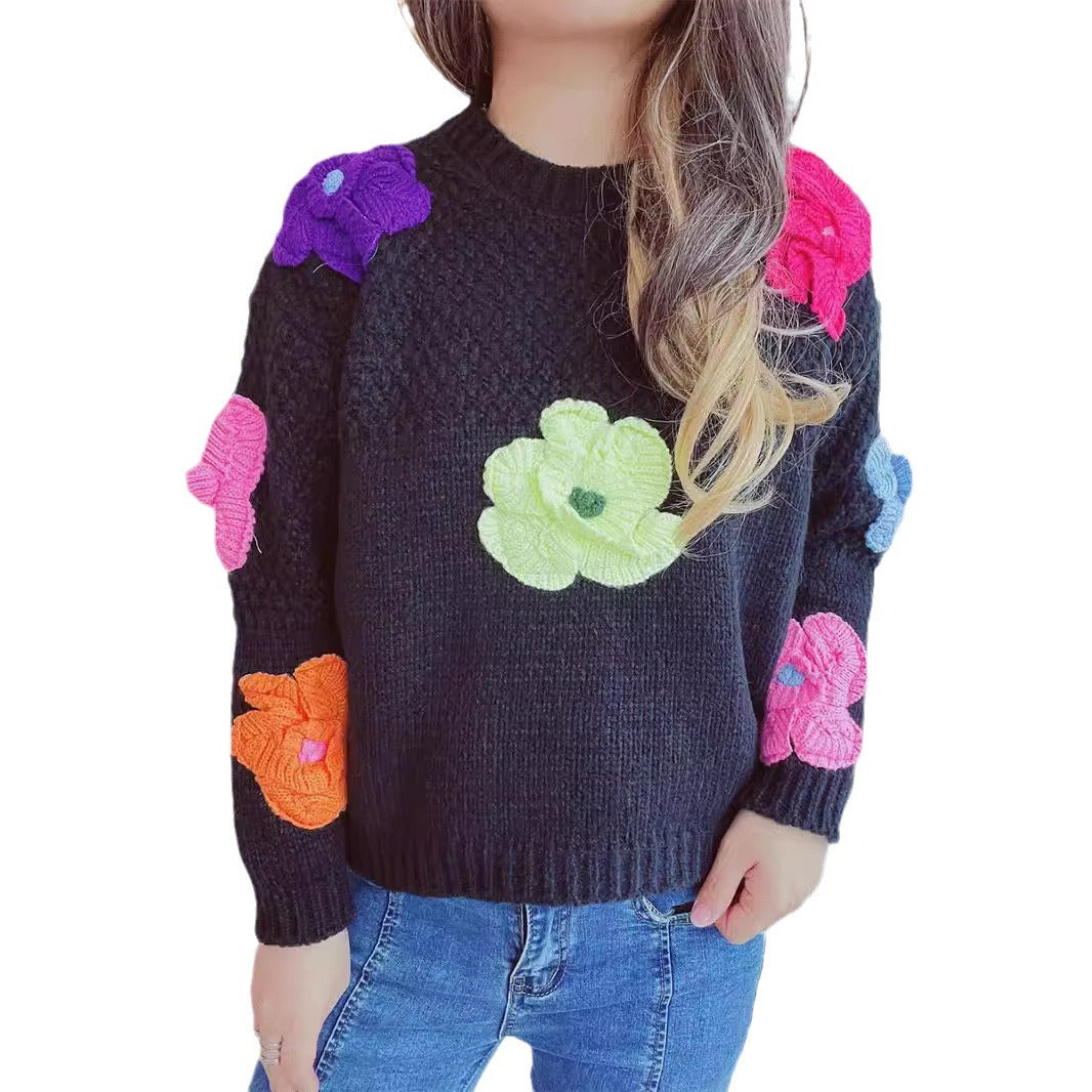 Damer mysig stickad tröja med blommigt 3D-motiv Mirla-Eva Jonsson