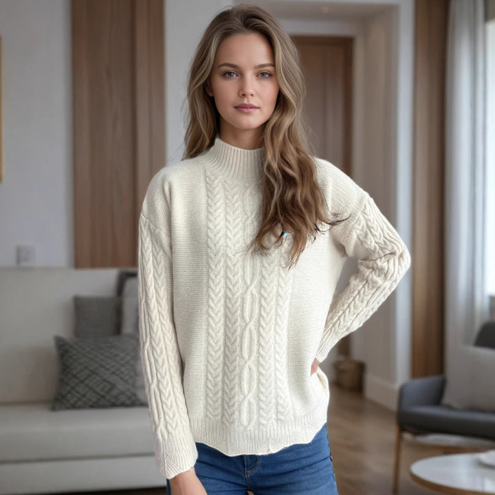 Damer mysig stickad tröja med modern flätdesign och rund halsringning Eva Jonsson-Eva Jonsson