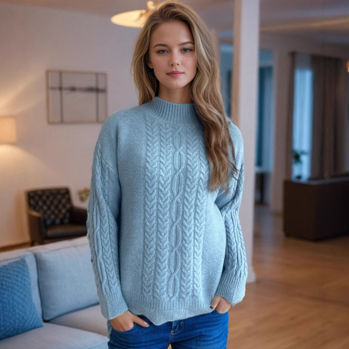 Damer mysig stickad tröja med modern flätdesign och rund halsringning Eva Jonsson-Eva Jonsson