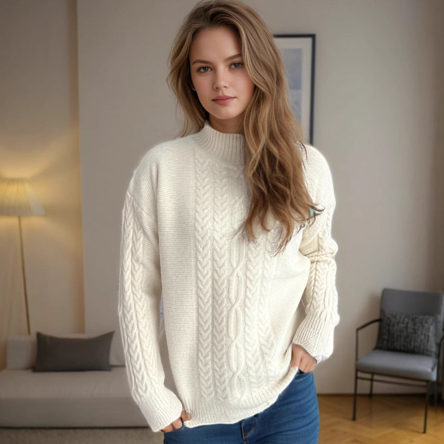 Damer mysig stickad tröja med modern flätdesign och rund halsringning Eva Jonsson-Eva Jonsson