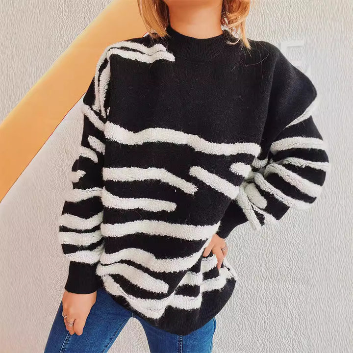 Damer mysig stickad tröja med tilltalande zebra randmönster Mirla-Eva Jonsson